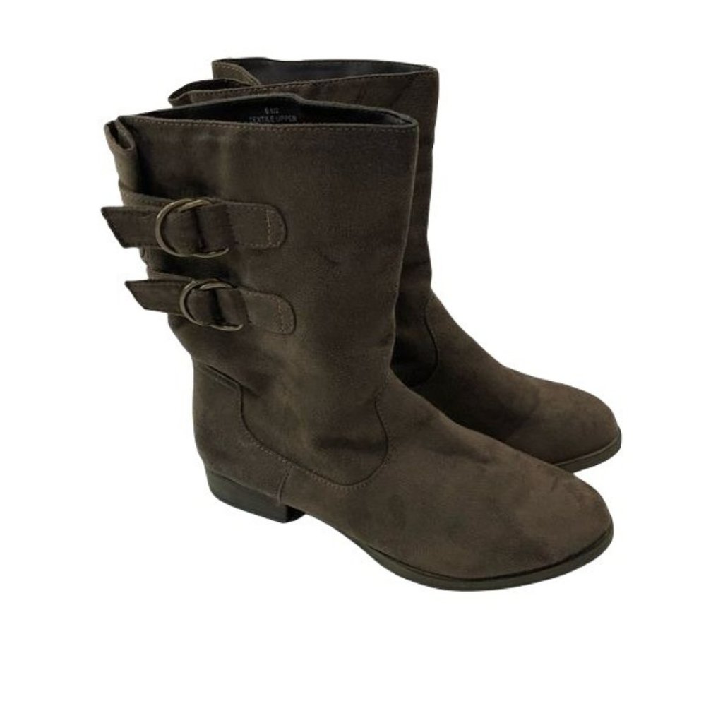 Brown Faux Leather Suede Boots with buckles size 5.5